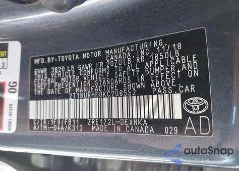 2019 Toyota Corolla Le from USA, damaged, VIN 2T1BURHE0KC208552